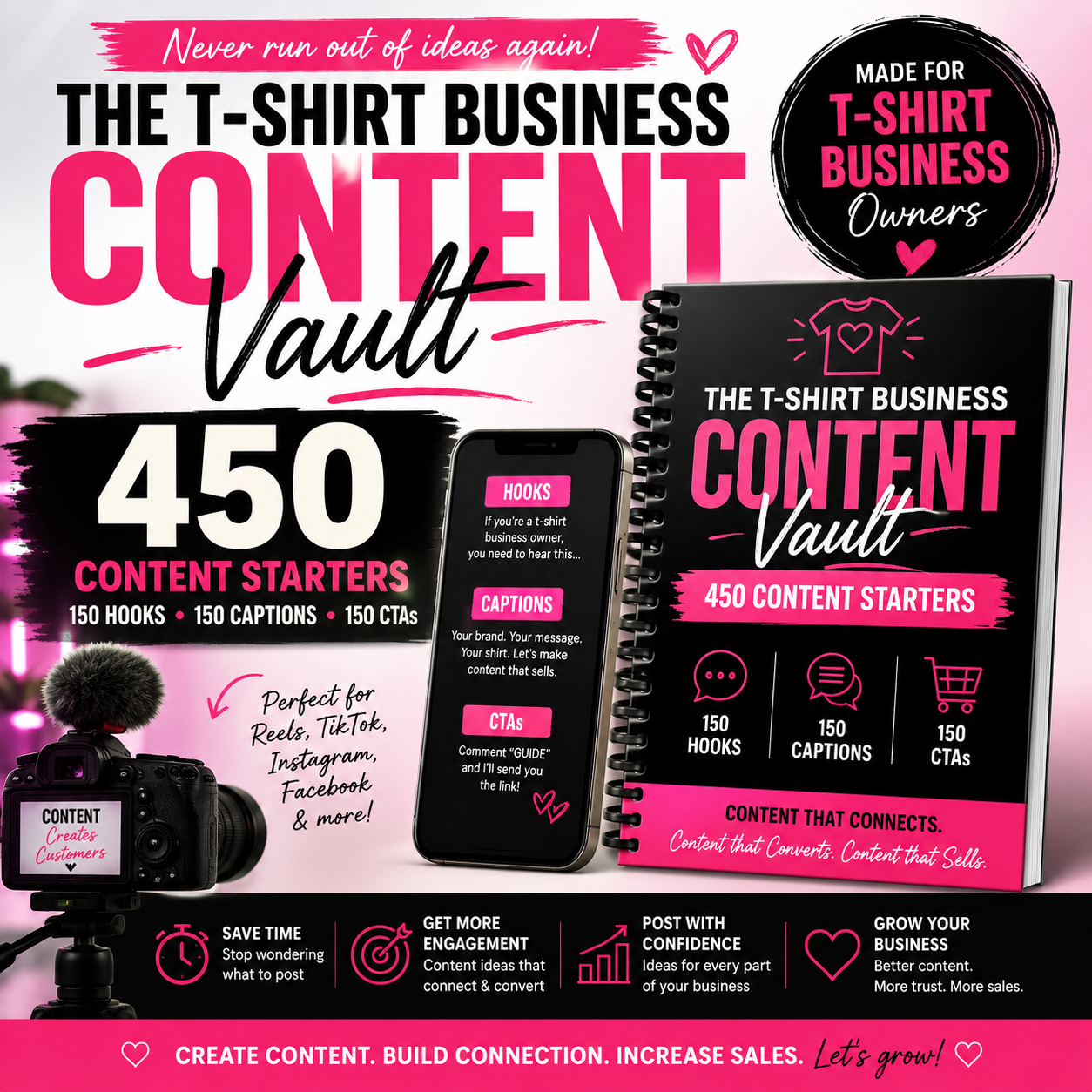 The T-Shirt Business Content Vault | 450 Hooks, Captions & CTAs|Digital Download